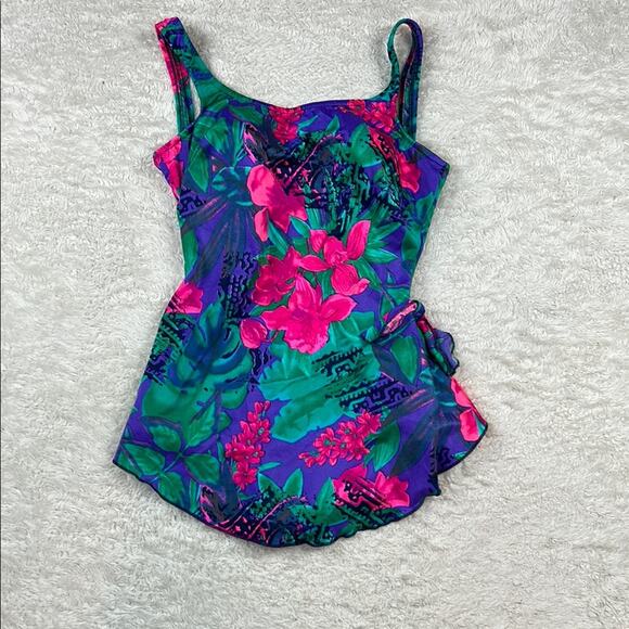 Vintage Maxine of Hollywood one piece skirt panel swimsuit in neon, size 14 - Picture 1 of 10